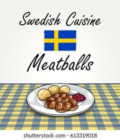 Swedish Cuisine - Vector Meatballs on Plate on Squared Table