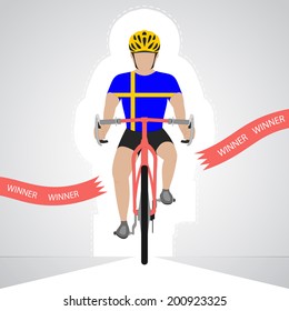 Swedish cyclist in front view crossing red finish line vector isolated illustration