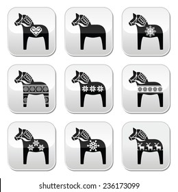 Swedish Dala, Dalecarlian horse with winter, Nordic pattern buttons