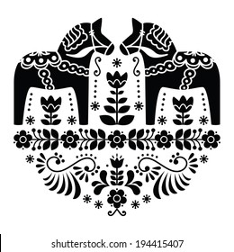 Swedish Dala or Daleclarian horse floral folk pattern in black and white  