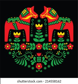 Swedish Dala or Daleclarian horse floral folk art pattern on black  