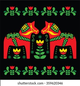 Swedish Dala or Daleclarian horse folk art pattern on black background