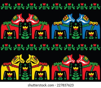Swedish Dala horse folk art seamless pattern on black  