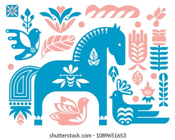 Swedish Dala horse pattern, Scandinavian seamless folk art design with flowers