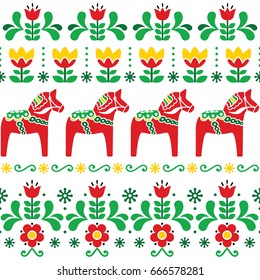  
Swedish Dala horse pattern, Scandinavian seamless folk art design with flowers