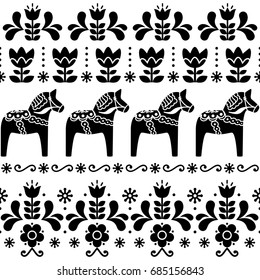  
Swedish Dala horse pattern, Scandinavian seamless folk art design with flowers