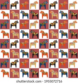 Swedish Dala horse wallpaper pattern . Scandinavian folk art background. 