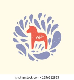Swedish Dala red horse in the pattern, scandinavian folk design, floral ornament. Logo or label. Dalecarlian vector, clip art