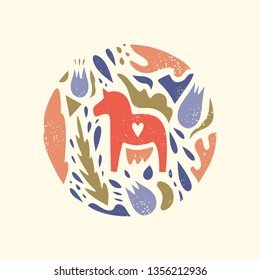 Swedish Dala red horse in the pattern, scandinavian folk design, floral ornament. Logo or label. Dalecarlian vector, clip art