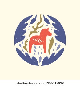 Swedish Dala red horse in the pattern, scandinavian folk design, floral ornament. Logo or label. Dalecarlian vector, clip art