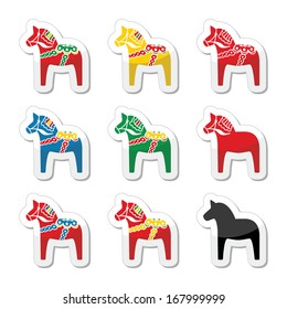 Swedish Dalecarlian, Dala horse vector icons set