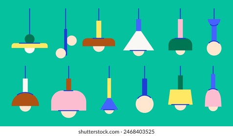 Swedish design ceiling lamps vector flat illustration set. Midcentury style interior illumination. Scandi room interior