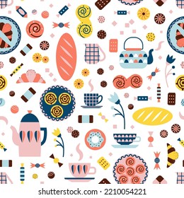 Swedish Fika coffee break pattern with tea pots, fresh pastry plates, cups of hot drinks, cinnamon buns, cookies, candies, and gingerbread. Fika time seamless background for fabric, textiles and menu.
