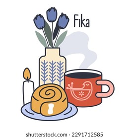 Swedish Fika and Hygge concept. Nordic coffee break. Scandinavian lifestyle approach or tradition. Idea of coziness and comfort. Body and mind balance. Flat vector illustration