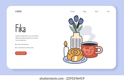 Swedish Fika and Hygge web banner or landing page. Nordic coffee break. Scandinavian lifestyle approach or tradition. Idea of coziness and comfort. Body and mind balance. Flat vector illustration