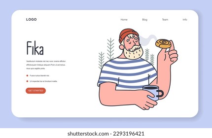 Swedish Fika and Hygge web banner or landing page. Nordic coffee break. Scandinavian lifestyle approach or tradition. Idea of coziness and comfort. Body and mind balance. Flat vector illustration