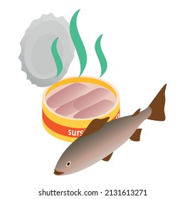 Swedish fish icon isometric vector. Can of surstromming and fresh baltic herring. Fermented herring, swedish national product, delicacy