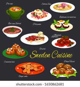 Diseño vectorial de platos suecos de pescado y carne. Verduras, carne de buey y jamón con huevos, salmón, sopas de guisantes y cerveza, patatas al horno, albóndigas y salmón marinado, rollos de canela y galletas de jengibre