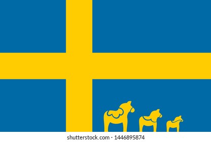 Swedish flag with Dala horse, simple design vector illustration