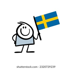 Swedish flag with funny proud stickman. Vector illustration of sweden national holiday. Hand drawn stick figure character isolated on white background.