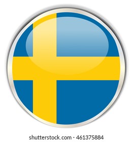 Swedish Flag. Glossy button with glare in bright round frame.