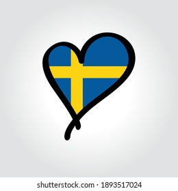 Swedish flag heart-shaped hand drawn logo. Vector illustration.