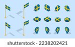 Swedish flag (Kingdom of Sweden). 3D isometric flag set icon. Editable vector for banner, poster, presentation, infographic, website, apps, maps, and other uses.