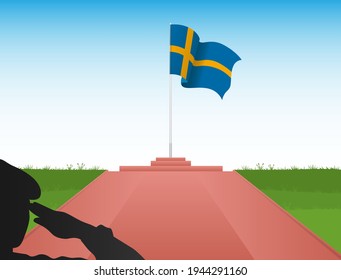 Swedish flag on pole with the image of a soldier saluting the flag