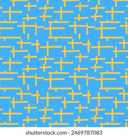 Swedish flags seamless pattern (yellow cross on blue rectangle) drawn by hand and distributed chaotically; can be used as a background for typography and ad materials for national holidays and events.