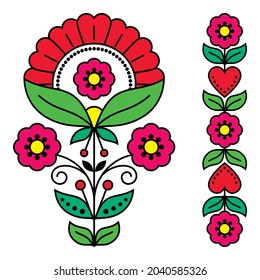 Swedish floral folk art vector design collection, Scandinavian patterns with flowers and hearts inspired by the traditional embroidery. Decorative cute spring design elements perfect for greeting card