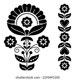 Swedish floral folk art vector design collection in black and white, Scandinavian patterns with flowers inspired by the traditional embroidery. Decorative cute monochrome spring design elements 