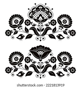 Swedish floral folk art vector black and white greeting card design elements inspired by traditional Scandinavian embroidery patterns
