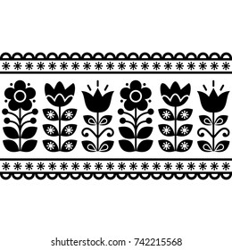 Swedish floral retro pattern - seamless long traditional folk art black and white vector design 
Tulips and flowers retro background inspired by Scandinavian and Nordic art 
  