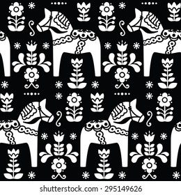 Swedish folk art Dala or Dalecarlian horse seamless pattern on black 