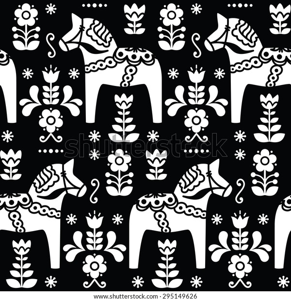 Swedish folk art Dala or Dalecarlian horse seamless pattern on black 