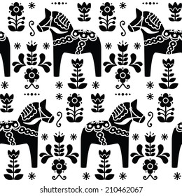 Swedish folk art Dala or Daleclarian horse seamless pattern in black 