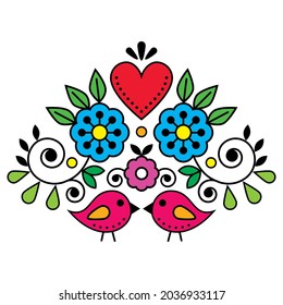 Swedish folk art vector cute pattern with birds, heart, and flowers inspired by the traditional Scandinavian art - Valentine's Day greeting card or wedding invitation design. 
