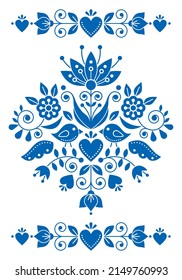 Tarjeta de bienvenida o diseño de invitación con aves y motivos florales para el vectores de arte folclórico sueco, patrón azul marino inspirado en el arte escandinavo tradicional. 