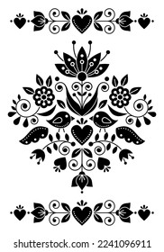 Swedish folk art vector greeting card or invitation design with birds and floral motif, black and white pattern inspired by the traditional Scandinavian art. Retro floral ornament, cute Scandi art