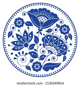 Patrón de diseño del vector de arte folclórico sueco con flores, hojas y giros en marco inspirado en el bordado tradicional de Escandinavia en azul marino
