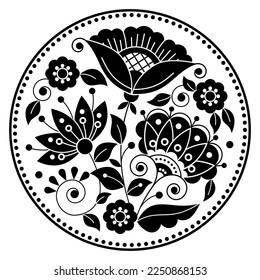 Swedish folk art vector mandala design pattern with flowers, leaves and swirls in frame inspired by the traditional embroidery from Scandinavia in black and white.Cute monochrome spring round art