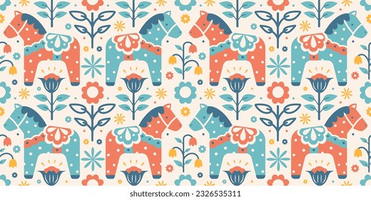 Swedish folk seamless wallpaper with Dala or Dalecarlian horse. Simple naive Nordic stylized ornament. Pastel color tile print, fabric, background.