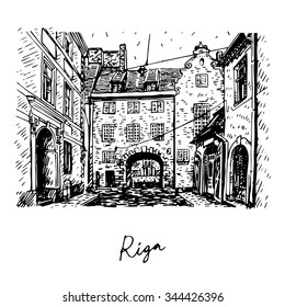 Swedish Gate in the old city of Riga, Latvia. Vector freehand pencil sketch.