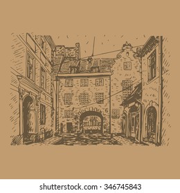Swedish Gate in the old city of Riga, Latvia. Vector freehand pencil sketch.