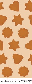 Swedish gingerbread cookies on beige background. Seamless pattern. Vector illustration in cartoon style.