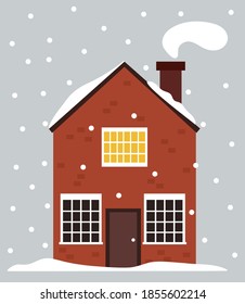 Swedish house in wintertime.. Norwegian red brick cottage in the snow. Winter fairy tale in Scandinavia.