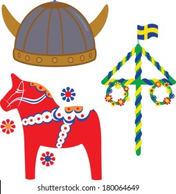 Swedish icons on white background - Viking helmet, Midsummer Pole and Dala horse