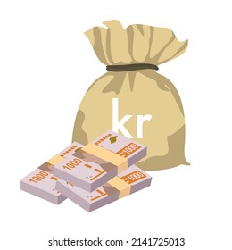 Swedish Krona Vector Illustration. Sweden Money Set Bundle Banknotes. Money Bag 1000 Kr. Flat Style. Isolated On White Background. Simple Minimal Design.