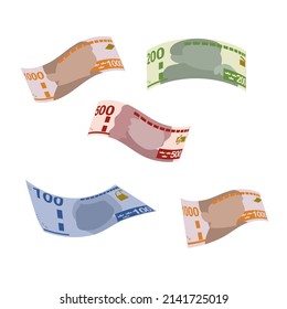 Swedish Krona Vector Illustration. Sweden money set bundle banknotes. Falling, flying money 100, 200, 500, 1000 kr. Flat style. Isolated on white background. Simple minimal design.