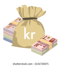 Swedish Krona Vector Illustration. Sweden Money Set Bundle Banknotes. Money Bag 100, 200, 500, 1000 Kr. Flat Style. Isolated On White Background. Simple Minimal Design.